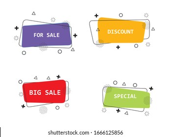 Set of modern flat geometric vector banners for web or presentation. Vivid sale banners for retro poster design style. Fancy colors and cool illustration shapes