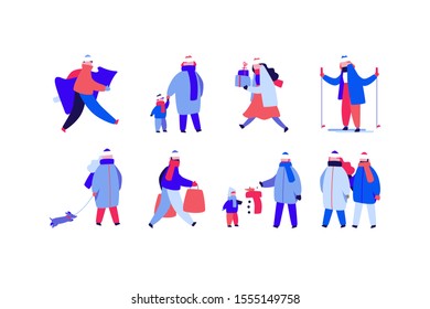 Set of modern flat happy people characters dressed in winter clothes. New Year preparing, active recreation, Christmas sale, winter holidays concept. Vector seasonal illustration.