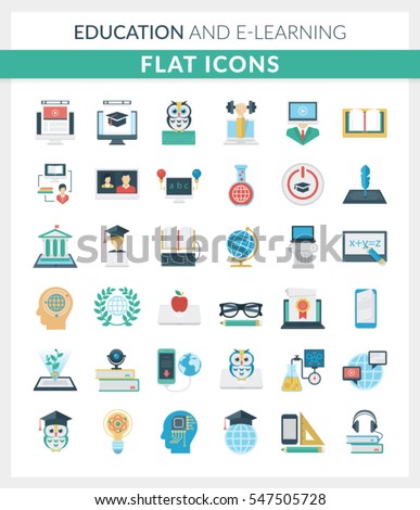 Set of modern flat icons of education, online training and courses, university and distance education, staff training, digital library, basic and elementary study, e-learning, video tutorials. Vector