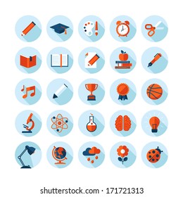 Set of modern flat icons with long shadow in stylish colors on education, sport, science, biology, art and music   