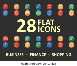 Set of modern flat icons with long shadow. business, finance, shopping collection isolated from background