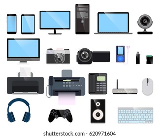 Set Of A Modern Flat Icons On Transparent Background. Flat Icons Digital Technology, Office Equipment, Multimedia Symbols, Audio And Video Objects. 
Vector Illustration Phone, Computer, Fax And Other