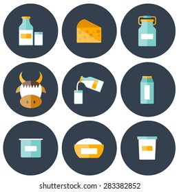 Set of modern flat icons with products containing lactose: milk bottle, glass, cheese, cottage, cream, yogurt, cow. You can use it for your fresh milk design and lactose intolerance or vegan design