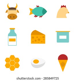 Set of modern flat icons with products containing animal protein and prohibited for vegans: milk, cheese, egg, yogurt, fish, ice cream, red meat, honey, poultry meat. You can use it for your natural