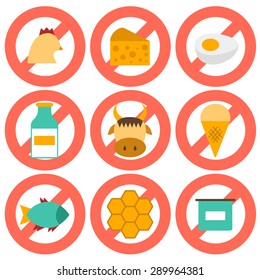 Set of modern flat icons with products containing animal protein and prohibited for vegans: milk, cheese, egg, yogurt, fish, ice cream, red meat, honey, poultry meat. Vegan concept with sign