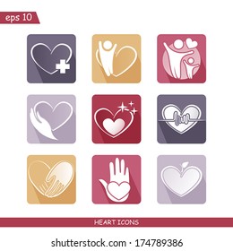 Set of modern flat icons vector collection hearts with long shadow effect in stylish colors for your design. Isolated on white background.