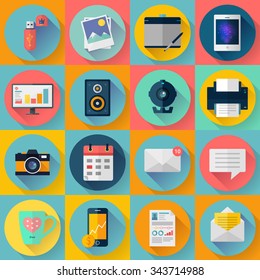 Set of Modern flat icons. Vector collection for freelancers work at home. With long shadow effect in stylish colors of business elements, office equipment and marketing items.