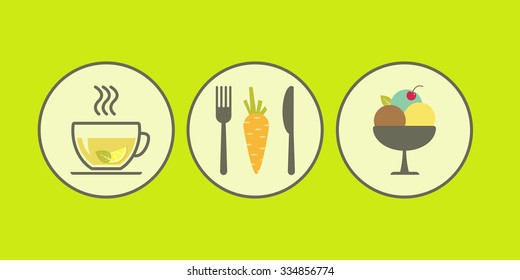 Set of modern flat icons with vegetarian products. Icons for beverage, dessert, vegetables food.