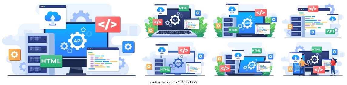 Set of modern flat illustrations of application Programming Interface concept, API provides the interface for communication between applications, Software development tool, Internet and networking