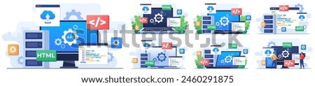 Set of modern flat illustrations of application Programming Interface concept, API provides the interface for communication between applications, Software development tool, Internet and networking