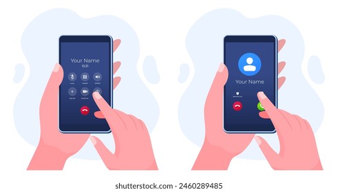 Set of modern flat illustrations call screen interfaces, Mobile phone mockup, Communication, Incoming call, Ongoing call