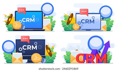 Set of modern flat illustrations of CRM, Customer Relationship Management concepts, Organization of data on work with clients, Company Strategy Planning, Business Data Analysis