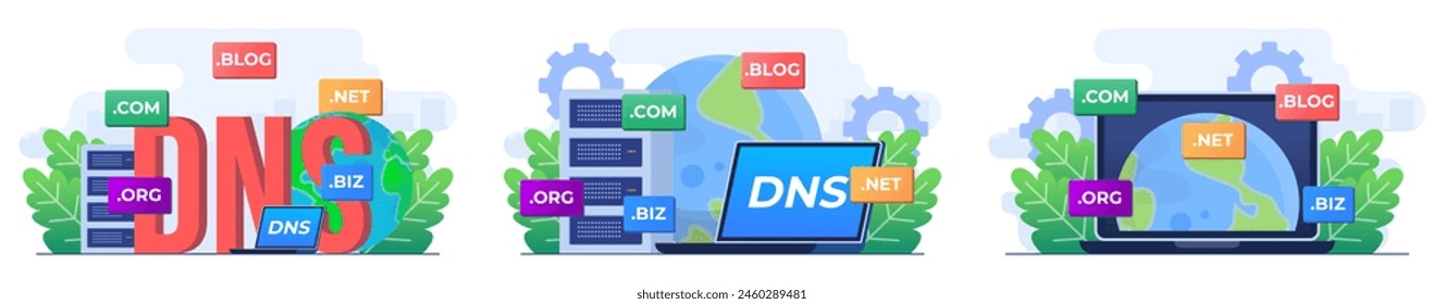 Set von modernen flachen Illustrationen von Domänenname-Systemkonzepten, DNS, Website Domänenname, Internet oder Cyberspace, Domain-Registrierung Web-Seite, Auswählen, finden, kaufen, registrieren Website Domänenname 