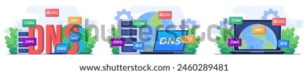 Set of modern flat illustrations of  domain name system concepts, DNS, Website domain name, Internet or cyberspace, Domain registration web page, Choose, find, buy, register website domain name 