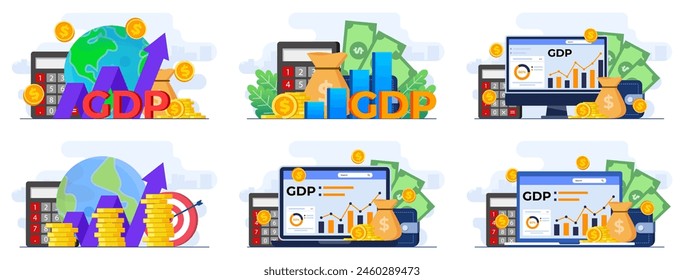 Conjunto de ilustraciones planas modernas de conceptos de producto interior bruto, Pilas de dinero, Economía nacional, Política monetaria, PIB, Crecimiento económico, Finanzas públicas, Gráficos de crecimiento y gráfico