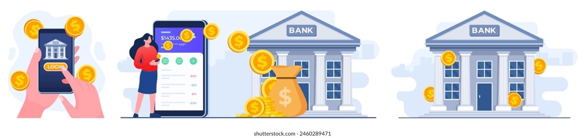 Set of modern flat illustrations of  Online mobile banking and mobile payment, Digital banking, internet money, Savings and finance