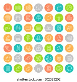 Set of modern flat line colorful round vector icons of school subjects, activities, education, science symbols. Concepts for web site, mobile or computer apps, infographics, presentations, promotion