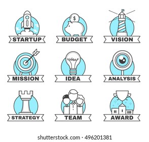 Set of modern flat line design illustrations for Startup. 9 color business concept icons. Isolated on white background