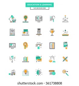 Set of Modern Flat Line icon Concept of Education, Leaning, Online Education, Video Tutorial, E-Learning and Thinking use in Web Project. Vector Illustration