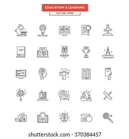 Set of Modern Flat Line icon Concept of Education, Leaning, Online Education, Video Tutorial, E-Learning and Thinking use in Web Project. Simple mono linear pictogram pack.  Vector Illustration