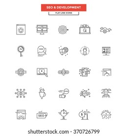 Set of Modern Flat Line icon Concept of Seo,Development , Management, Online Marketing, Research and Analysis use in Web Project and Applications. Vector Illustration