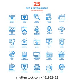 Set of Modern Flat Line icon Concept of Seo,Development , Management, Online Marketing, Research and Analysis use in Web Project and Applications. Vector Illustration