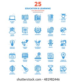 Set of Modern Flat Line icon Concept of Education, Leaning, Online Education, Video Tutorial, E-Learning and Thinking use in Web Project. Vector Illustration