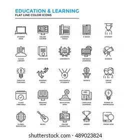 Set of Modern Flat Line icon Concept of Education, Leaning, Online Education, Video Tutorial, E-Learning and Thinking use in Web Project. Vector Illustration