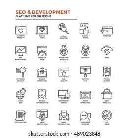 Conjunto de Icono Moderno de Línea plana Concepto de Seo,Desarrollo , Gestión, Marketing en Línea, Investigación y Análisis uso en Web Project y Aplicaciones. Ilustración vectorial