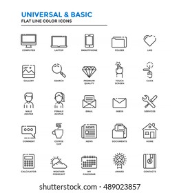 Set of Modern Flat Line icon Concept of Basic, Universal, Internet, Computer, Calculator, Documents and Smartphone use in Web Project and Applications. Vector Illustration