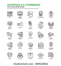 Set Of Modern Flat Line Icon Concept Of Shopping, E-commerce, M-commerce, Delivery,  Use In Web Project And Applications. Vector Illustration