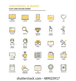 Set of Modern Flat Line icon Concept of Basic, Universal, Internet, Computer, Calculator, Documents and Smartphone use in Web Project and Applications. Vector Illustration