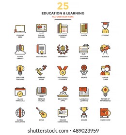 Set of Modern Flat Line icon Concept of Education, Leaning, Online Education, Video Tutorial, E-Learning and Thinking use in Web Project. Vector Illustration