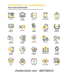 Juego de Icono Moderno de línea plana Concepto de compras, comercio electrónico, comercio-m, entrega, uso en Web Project y Aplicaciones. Ilustración vectorial