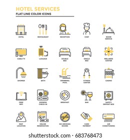 Conjunto de icono Moderno de Línea plana Concepto de Servicios Hotel uso en Web Project y Aplicaciones. Ilustración vectorial