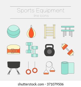 Set of modern flat line icons for sports equipment, gym training, bodybuilding and active lifestyle, fitness elements isolated on background. Vector illustration. 