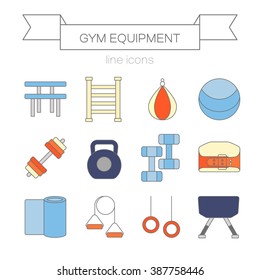 Set of modern flat line icons for sports equipment, gym training, bodybuilding and active lifestyle, fitness elements isolated on background. Vector illustration. 