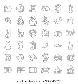 Set of modern flat linear colorful vector wedding icons. Line art conceptual symbols of party for website, mobile or computer apps, infographic, presentation, promotional materials