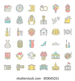 Set of modern flat linear colorful vector wedding icons. Line art conceptual symbols of a party for web site, mobile or computer apps, infographic, presentation, promotional materials