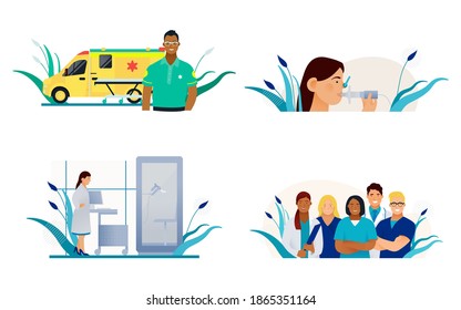 Set of Modern Flat Medical Insurance Illustrations. Spirometry, Plethysmography Equipment in Medical Office, Ambulance Transport, Team of Medical Specialists.