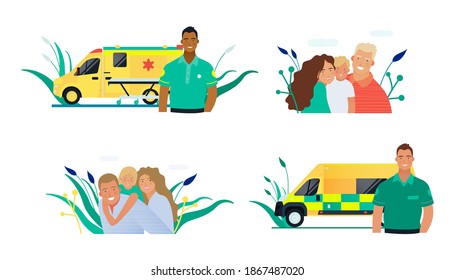 Set of Modern Flat Medical Insurance Illustrations. Happy Family, Ambulance Transport.