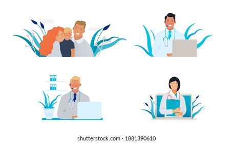 Set of Modern Flat Medical Insurance Illustrations. Happy Family, Call Center, Medical Appointment.