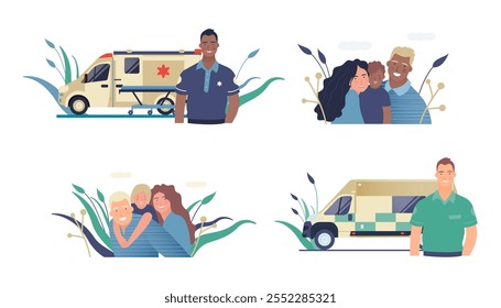 Set of Modern Flat Medical Insurance Illustrations. Happy Family, Ambulance Transport.