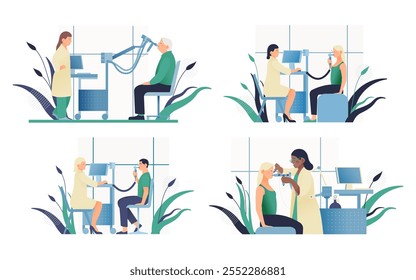 Conjunto de Ilustrações de Seguro Médico Plano Moderno. Tipos de Espirometria no Consultório Médico.