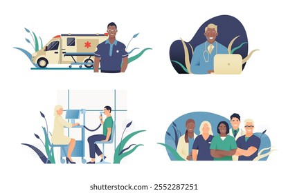 Set of Modern Flat Medical Insurance Illustrations. Ambulance, Call Center, Spirometry in Medical Office, Team of Medical Specialists.