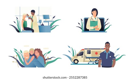 Set of Modern Flat Medical Insurance Illustrations. Spirometry in Medical Office, Medical Appointment, Happy Family, Ambulance Transport.