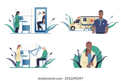 Set of Modern Flat Medical Insurance Illustrations. Spirometry and Plethysmography in Medical Office, Ambulance Transport, Medical Specialist.