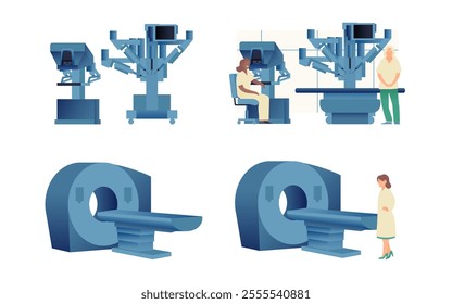 Set of Modern Flat Medical Insurance Illustrations. Medical Equipment, Robotic Surgical Assisted System in Medical Office, MRI Procedure.