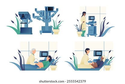 Set of Modern Flat Medical Insurance Illustrations. Medical Equipment, Robotic Surgical Assisted System, Ultrasonography Procedure in Medical Office.
