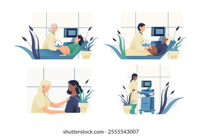 Set of Modern Flat Medical Insurance Illustrations. Ultrasonography Procedure, Cardiac Auscultation, Spirometry, Plethysmography Equipment in Medical Office.